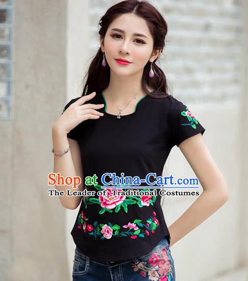 Traditional Ancient Chinese National Costume, Elegant Hanfu Embroidered Peony Flowers Mandarin Collar T-Shirt, China Tang Suit Black Blouse Cheongsam Qipao Shirts Clothing for Women
