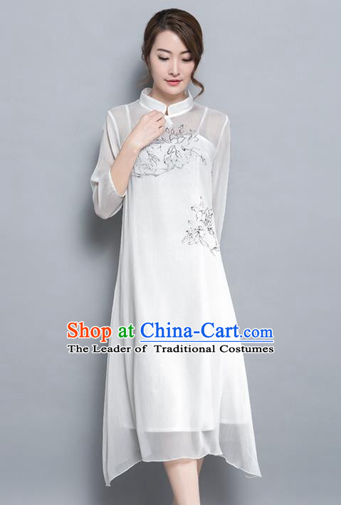Traditional Ancient Chinese National Costume, Elegant Hanfu Hand Painting Mandarin Qipao Chiffon Two-Piece Dress, China Tang Suit Cheongsam Upper Outer Garment Elegant White Dress Clothing for Women