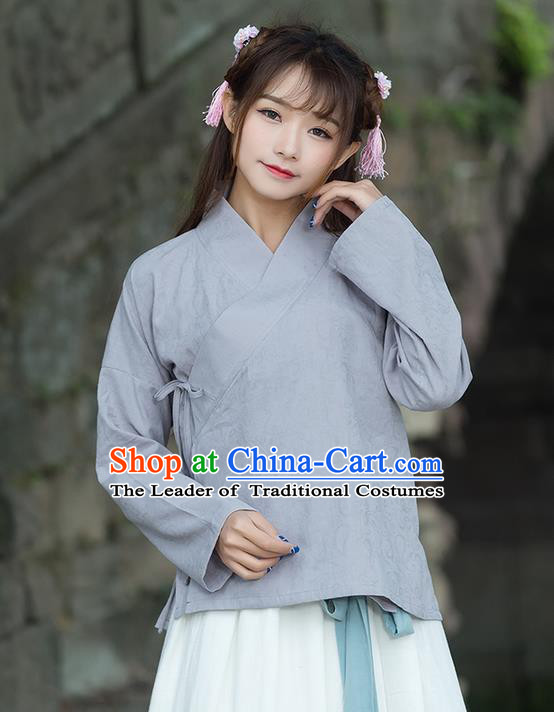 Traditional Ancient Chinese National Costume, Elegant Hanfu Linen Grey Shirt, China Ming Dynasty Tang Suit Blouse Cheongsam Qipao Shirts Clothing for Women