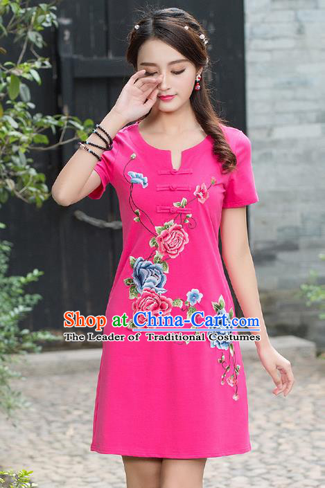 Traditional Ancient Chinese National Costume, Elegant Hanfu Embroidered Qipao Dress, China Tang Suit Cheongsam Upper Outer Garment Elegant Pink Dress Clothing for Women