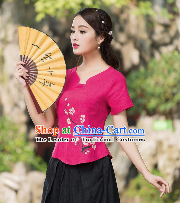 Traditional Ancient Chinese National Costume, Elegant Hanfu Embroidered Peach Blossom Flowers Pink T-Shirt, China Tang Suit Blouse Cheongsam Qipao Shirts Clothing for Women