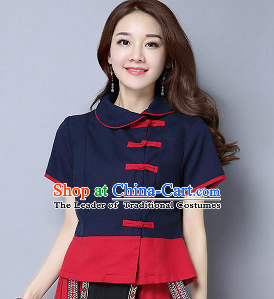 Traditional Chinese National Costume, Elegant Hanfu Lapel Shirt, China Tang Suit Blouse Cheongsam Qipao Navy Shirts Clothing for Women