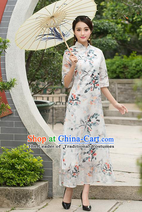 Traditional Ancient Chinese National Costume, Elegant Hanfu Mandarin Qipao Painting Crane Dress, China Tang Suit Stand Collar Cheongsam Upper Outer Garment Elegant Dress Clothing for Women