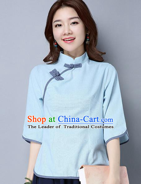 Traditional Ancient Chinese National Costume, Elegant Hanfu Slant Opening Blue Shirt, China Tang Suit Mandarin Collar Blouse Cheongsam Qipao Shirts Clothing for Women