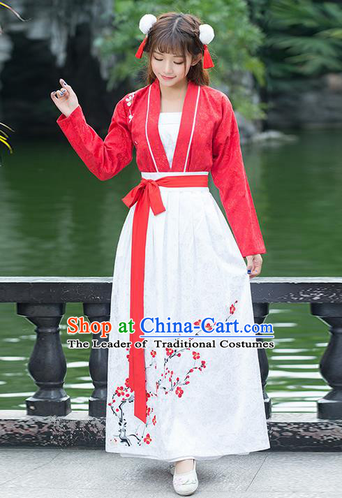 Traditional Ancient Chinese Costume, Elegant Hanfu Clothing Embroidered Peach Flower Blouse and Dress, China Ming Dynasty Elegant Red Blouse and Skirt Complete Set for Women