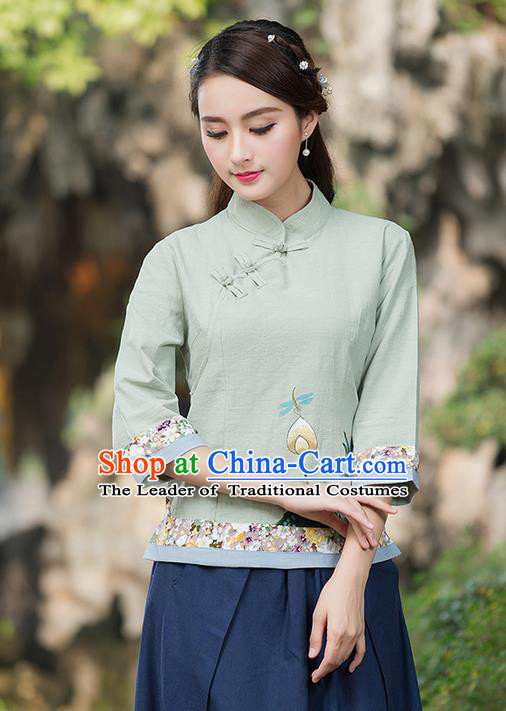 Traditional Ancient Chinese National Costume, Elegant Hanfu Linen Embroidered Green Shirt, China Tang Suit Mandarin Collar Blouse Cheongsam Qipao Shirts Clothing for Women