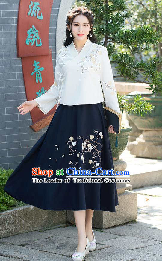 Traditional Chinese National Pleated Skirt Costume, Elegant Hanfu Embroidered Plum Blossom Long Navy Dress, China Tang Suit Bust Skirt for Women