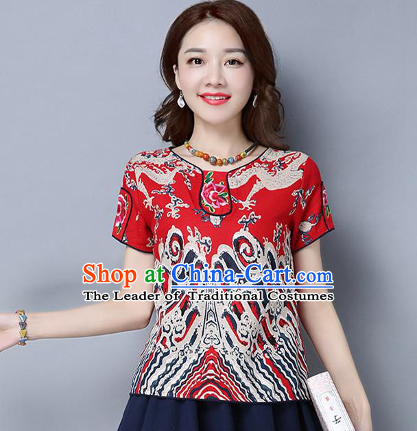Traditional Ancient Chinese National Costume, Elegant Hanfu Linen Embroidered Red T-Shirt, China Tang Suit Blouse Cheongsam Qipao Shirts Clothing for Women