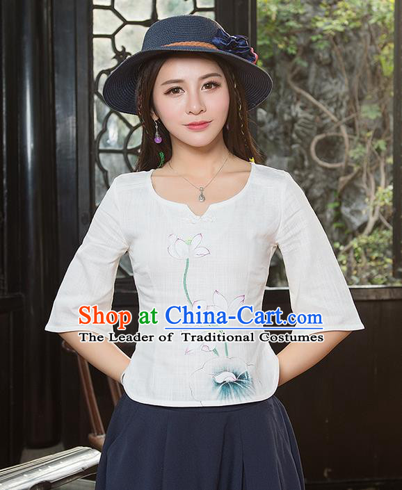 Traditional Chinese National Costume, Elegant Hanfu Painting Lotus Flowers Round Collar White T-Shirt, China Tang Suit Plated Buttons Blouse Cheongsam Upper Outer Garment Qipao Shirts Clothing for Women