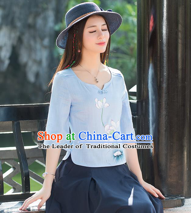 Traditional Chinese National Costume, Elegant Hanfu Painting Lotus Flowers Round Collar Blue T-Shirt, China Tang Suit Plated Buttons Blouse Cheongsam Upper Outer Garment Qipao Shirts Clothing for Women