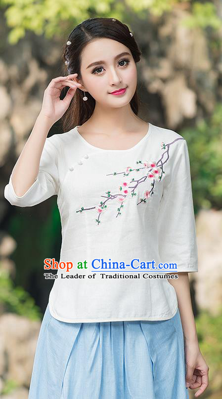 Traditional Chinese National Costume, Elegant Hanfu Embroidery Plum Blossom Round Collar White T-Shirt, China Tang Suit Plated Buttons Blouse Cheongsam Upper Outer Garment Qipao Shirts Clothing for Women