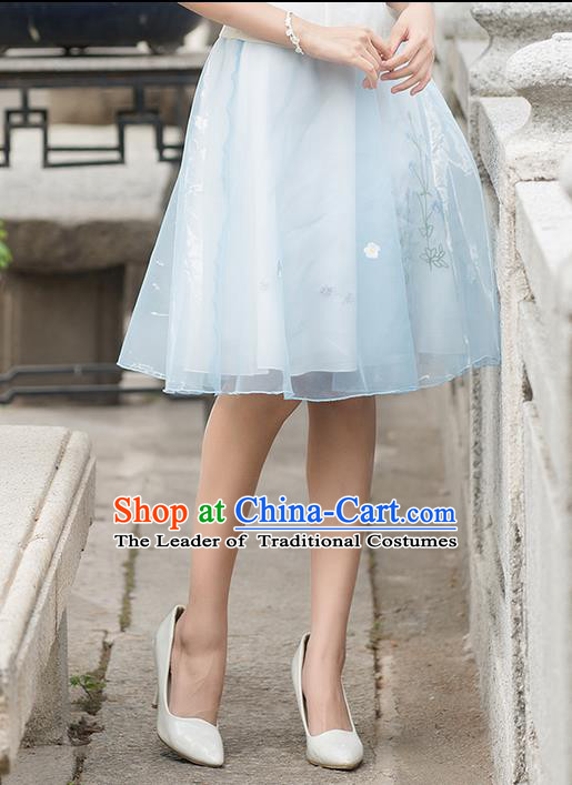 Traditional Ancient Chinese National Pleated Skirt Costume, Elegant Hanfu Embroidered Short Dress, China Tang Suit Blue Bust Skirt for Women