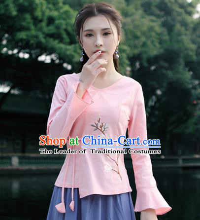 Traditional Chinese National Costume, Elegant Hanfu Slant Opening Print Peach Blossom Pink Shirt, China Tang Suit Republic of China Blouse Cheongsam Upper Outer Garment Qipao Shirts Clothing for Women