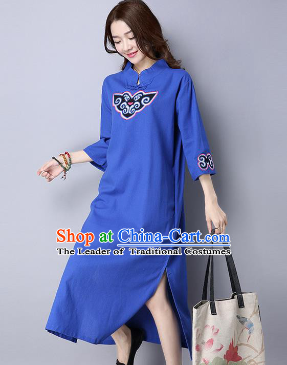 Traditional Ancient Chinese National Costume, Elegant Hanfu Mandarin Qipao Patch Embroidery Blue Dress, China Tang Suit Chirpaur Republic of China Cheongsam Upper Outer Garment Elegant Dress Clothing for Women