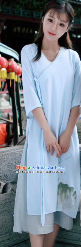 Traditional Ancient Chinese National Costume, Elegant Hanfu Mandarin Qipao Linen Painting Lotus Blue Dress, China Tang Suit Chirpaur Republic of China Cheongsam Upper Outer Garment Elegant Dress Clothing for Women