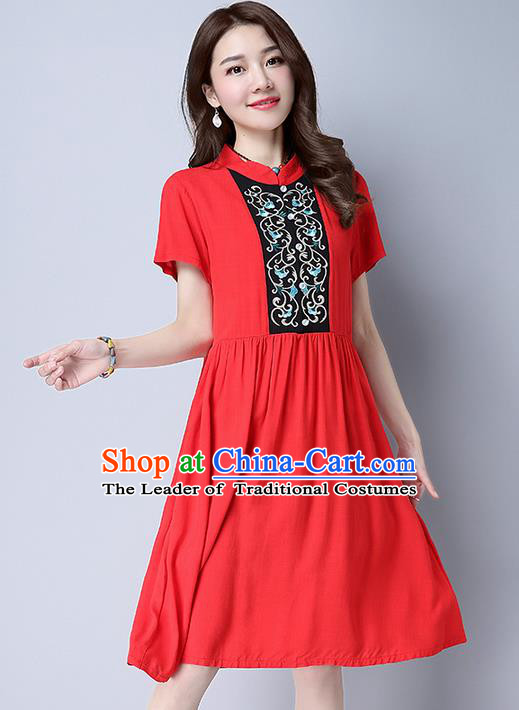 Traditional Ancient Chinese National Costume, Elegant Hanfu Mandarin Qipao Embroidery Red Dress, China Tang Suit Chirpaur Republic of China Cheongsam Upper Outer Garment Elegant Dress Clothing for Women