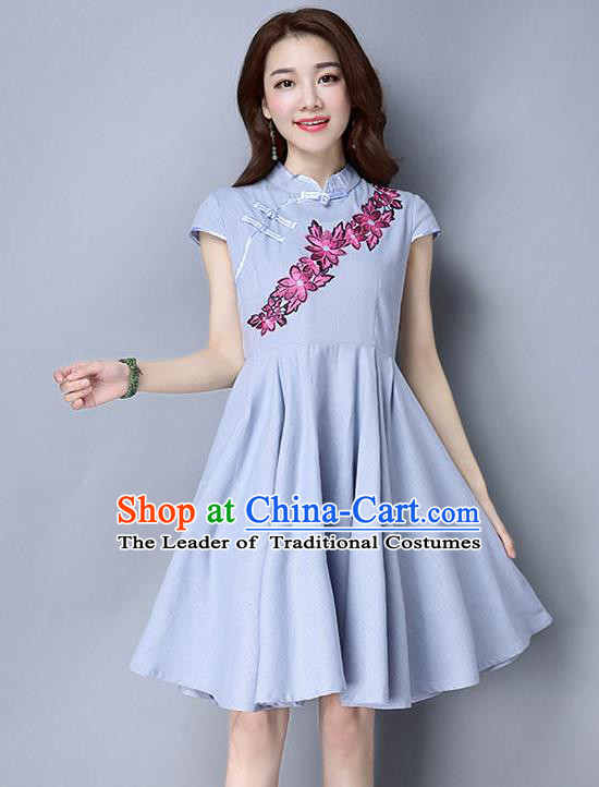 Traditional Ancient Chinese National Costume, Elegant Hanfu Mandarin Qipao Embroidery Blue Dress, China Tang Suit Chirpaur Republic of China Cheongsam Upper Outer Garment Elegant Dress Clothing for Women