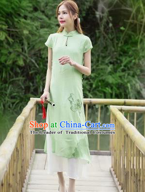 Traditional Ancient Chinese National Costume, Elegant Hanfu Mandarin Qipao Painting Lotus Green Dress, China Tang Suit Chirpaur Republic of China Cheongsam Upper Outer Garment Elegant Dress Clothing for Women