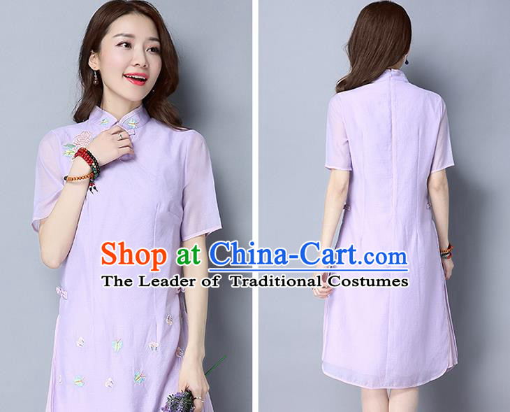 Traditional Ancient Chinese National Costume, Elegant Hanfu Mandarin Qipao Embroidery Stand Collar Purple Dress, China Tang Suit Chirpaur Republic of China Cheongsam Upper Outer Garment Elegant Dress Clothing for Women