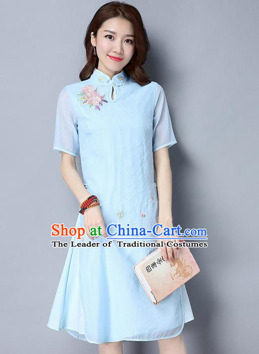 Traditional Ancient Chinese National Costume, Elegant Hanfu Mandarin Qipao Embroidery Stand Collar Blue Dress, China Tang Suit Chirpaur Republic of China Cheongsam Upper Outer Garment Elegant Dress Clothing for Women