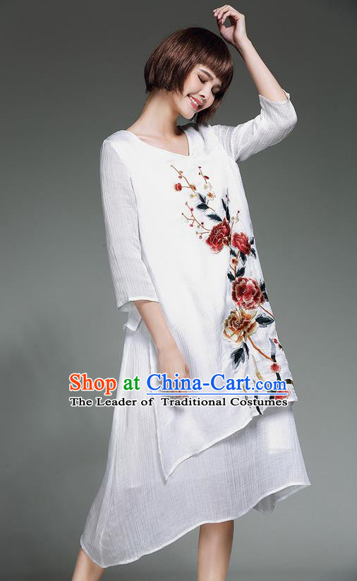Traditional Ancient Chinese National Costume, Elegant Hanfu Embroidery Qipao Linen White Dress, China Tang Suit Chirpaur Republic of China Cheongsam Upper Outer Garment Elegant Dress Clothing for Women