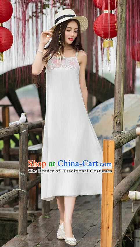Traditional Ancient Chinese National Costume, Elegant Hanfu Embroidery White Dress, China Tang Suit Cheongsam Upper Outer Garment Elegant Braces Dress Clothing for Women