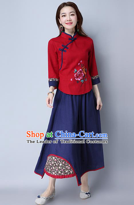 Traditional Chinese National Costume, Elegant Hanfu Embroidery Flowers Slant Opening Shirt and Skirts Complete Set, China Tang Suit Republic of China Plated Buttons Blouse Cheongsam Upper Outer Garment Qipao Shirts and Dust Skirt for Women