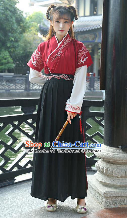 Traditional Ancient Chinese Costume, Elegant Hanfu Clothing Embroidered Slant Opening Blouse and Dress, China Ming Dynasty Young Lady Elegant Red Cardigan Blouse and Skirt Complete Set for Women