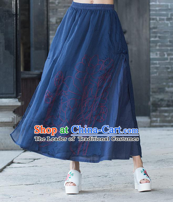 Traditional Ancient Chinese National Pleated Skirt Costume, Elegant Hanfu Embroidery Double-Deck Long Navy Dress, China Tang Dynasty Big Swing Bust Skirt for Women