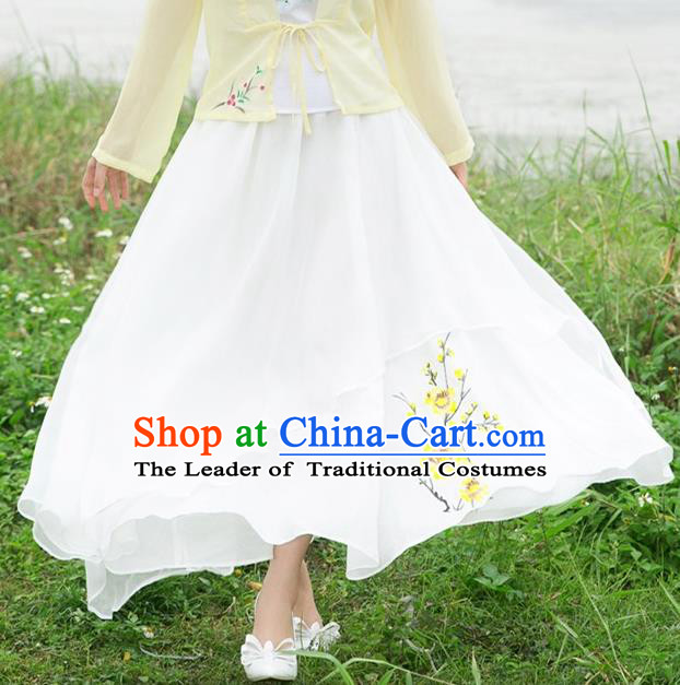 Traditional Ancient Chinese National Pleated Skirt Costume, Elegant Hanfu Linen Printing Long White Dress, China Tang Dynasty Bust Skirt for Women