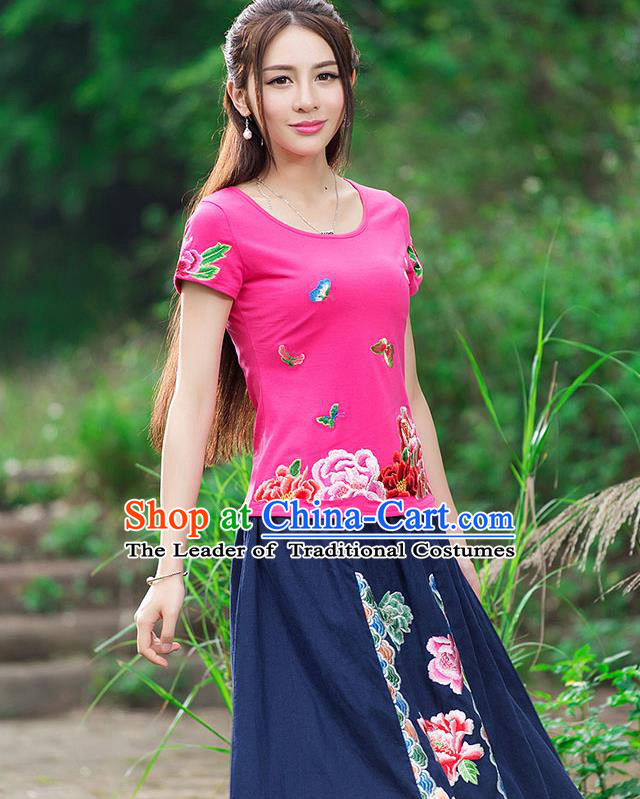 Traditional Chinese National Costume, Elegant Hanfu Embroidery Flowers Butterfly Pink T-Shirt, China Tang Suit Republic of China Blouse Cheongsam Upper Outer Garment Qipao Shirts Clothing for Women