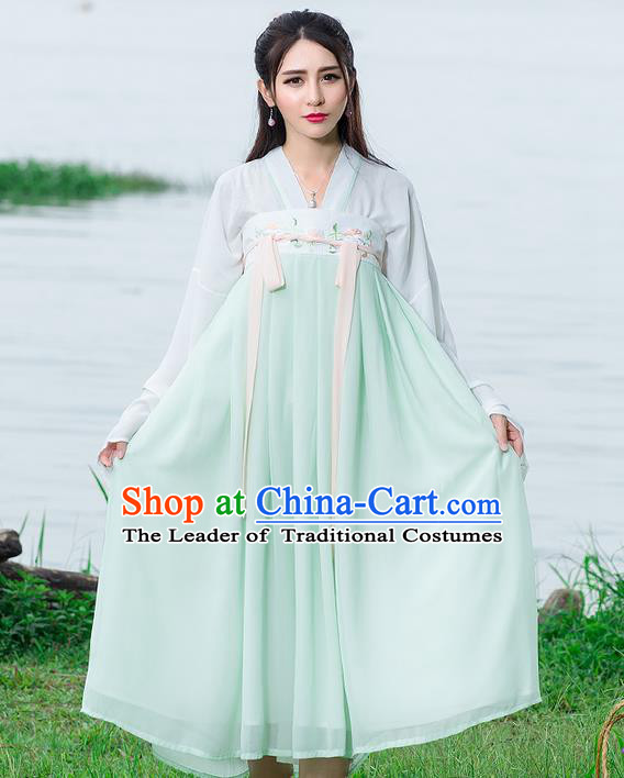 Traditional Ancient Chinese National Costume, Elegant Hanfu Embroidery Blouse and Dress, China Tang Dynasty Upper Outer Garment Elegant Blue Dress Clothing for Women