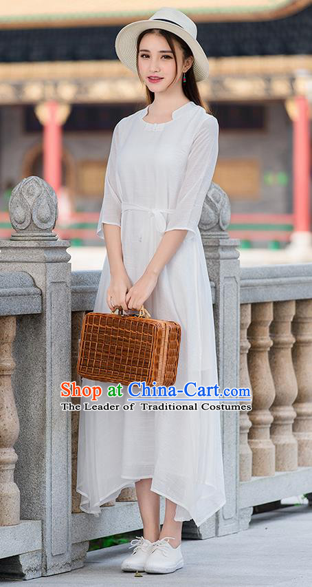 Traditional Ancient Chinese National Costume, Elegant Hanfu Mandarin Qipao Linen White Dress, China Tang Suit Chirpaur Republic of China Cheongsam Upper Outer Garment Elegant Dress Clothing for Women
