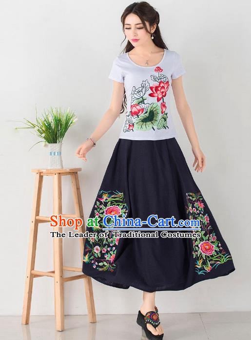 Traditional Ancient Chinese National Pleated Skirt Costume, Elegant Hanfu Embroidery Flowers Long Navy Skirt, China Tang Dynasty Bust Skirt for Women
