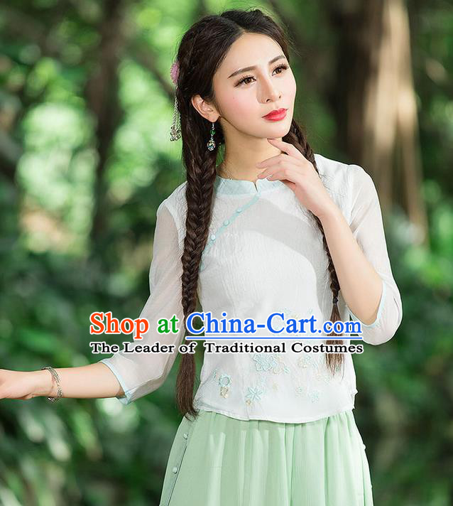 Traditional Chinese National Costume, Elegant Hanfu Embroidery Flowers Slant Opening Organza Shirt, China Tang Suit Republic of China Blouse Cheongsam Upper Outer Garment Qipao Shirts Clothing for Women