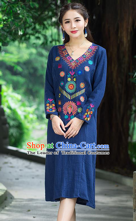 Traditional Ancient Chinese National Costume, Elegant Hanfu Mandarin Qipao Linen Embroidery Blue Dress, China Tang Suit National Minority Dance Elegant Dress Clothing for Women