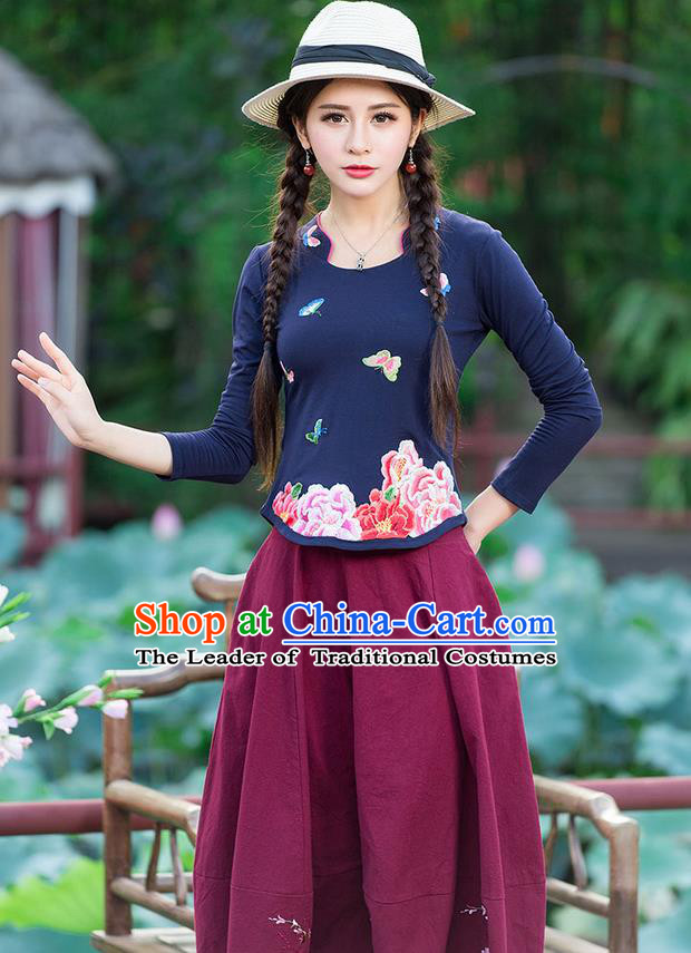 Traditional Chinese National Costume, Elegant Hanfu Embroidery Peony Flowers Navy T-Shirt, China Tang Suit Republic of China Blouse Cheongsam Upper Outer Garment Qipao Shirts Clothing for Women