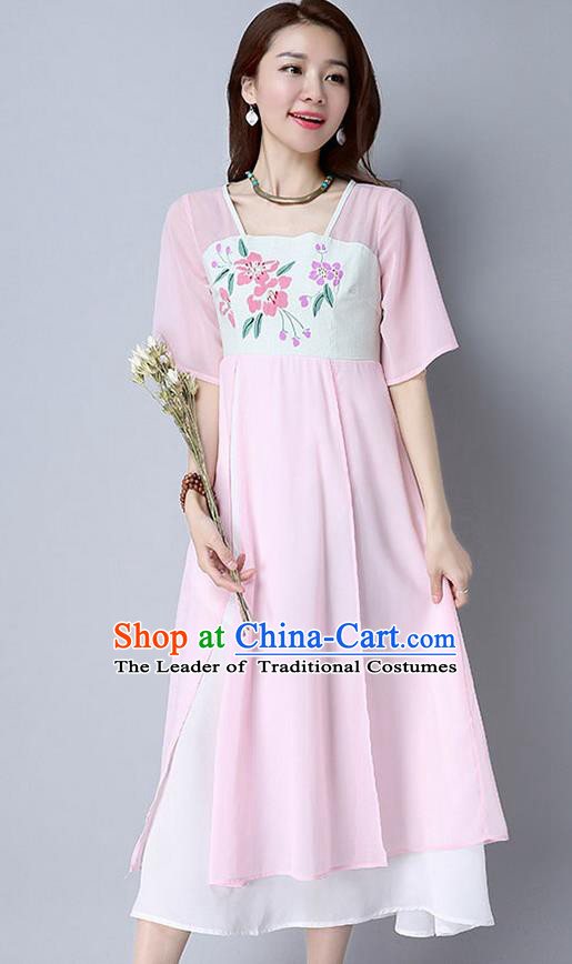 Traditional Ancient Chinese National Costume, Elegant Hanfu Chiffon Printing Flowers Pink Dress, China Tang Suit Chirpaur Cheongsam Elegant Dress Clothing for Women