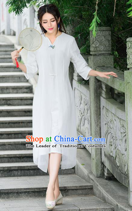 Traditional Ancient Chinese National Costume, Elegant Hanfu Mandarin Qipao Embroidery Flowers White Dress, China Tang Suit Chirpaur Republic of China Cheongsam Elegant Dress Clothing for Women