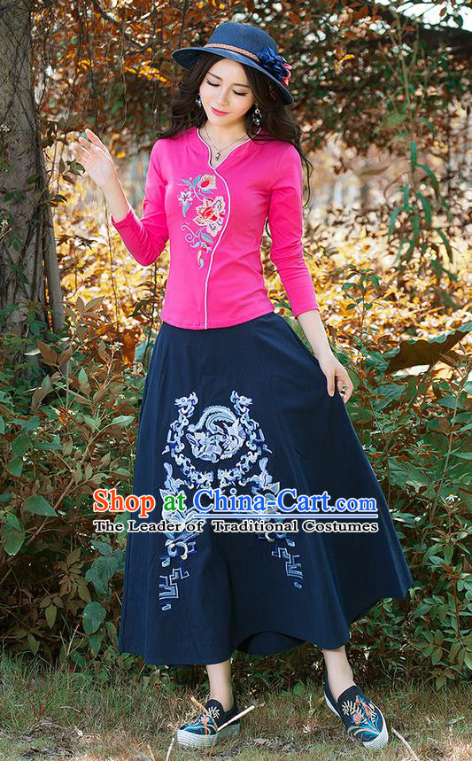 Traditional Chinese National Costume, Elegant Hanfu Embroidery Flowers Pink T-Shirt, China Tang Suit Republic of China Blouse Cheongsam Upper Outer Garment Shirts Clothing for Women