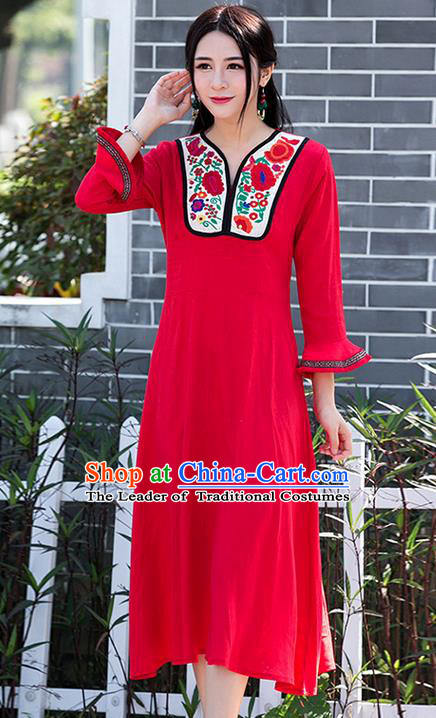 Traditional Ancient Chinese National Costume, Elegant Hanfu Linen Patch Embroidery Flowers Red Dress, China Tang Suit Mandarin Sleeve Chirpaur Cheongsam Elegant Dress Clothing for Women