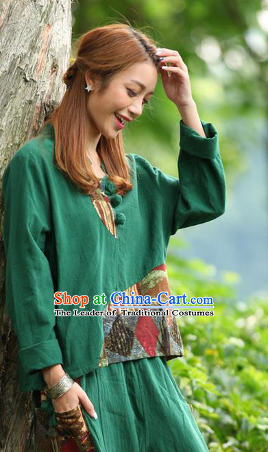 Traditional Chinese National Costume, Elegant Hanfu Joint Color Flowers Linen Plated Buttons Green T-Shirt, China Tang Suit Blouse Cheongsam Upper Outer Garment Qipao Shirts Clothing for Women