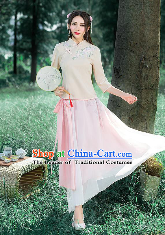 Traditional Chinese National Costume, Elegant Hanfu Embroidery Slant Opening Apricot Stand Collar T-Shirt, China Tang Suit Republic of China Plated Buttons Blouse Cheongsam Upper Outer Garment Qipao Shirts Clothing for Women