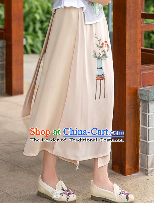 Traditional Ancient Chinese National Pleated Skirt Costume, Elegant Hanfu Hand Painting Flowers Long Apricot Skirt, China Tang Suit Bust Skirt for Women