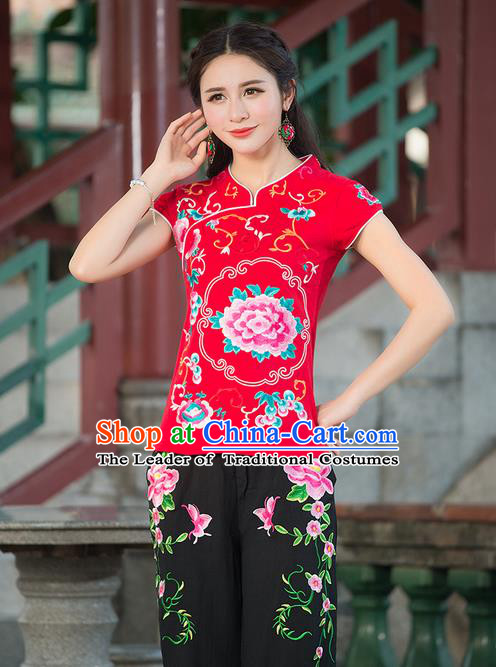 Traditional Chinese National Costume, Elegant Hanfu Embroidery Stand Collar Red Shirt, China Tang Suit Republic of China Blouse Cheongsam Upper Outer Garment Qipao Shirts Clothing for Women
