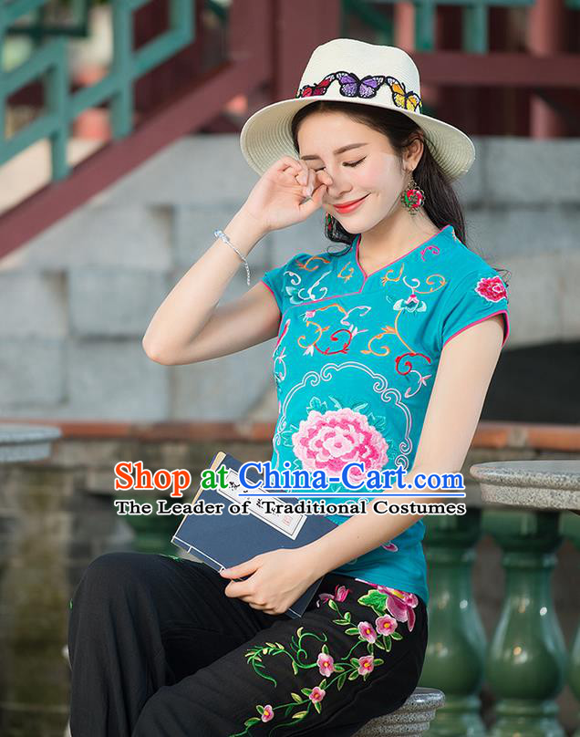 Traditional Chinese National Costume, Elegant Hanfu Embroidery Stand Collar Blue Shirt, China Tang Suit Republic of China Blouse Cheongsam Upper Outer Garment Qipao Shirts Clothing for Women