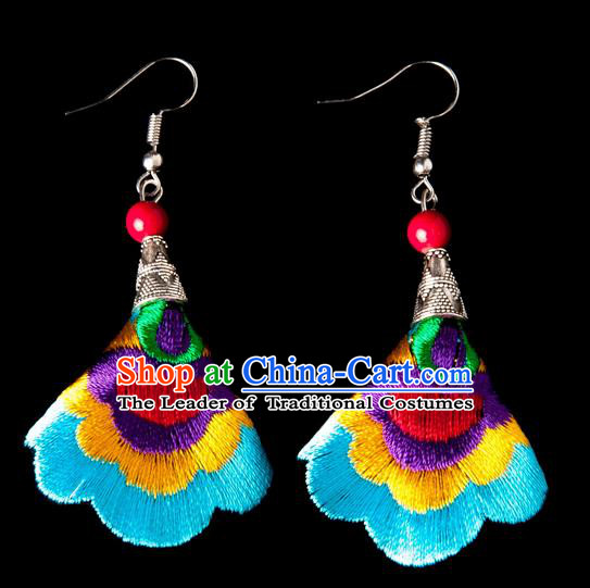 Traditional Chinese Miao Nationality Crafts, Yunnan Hmong Handmade Embroidery Flower Linen Blue Earrings Pendant, China Ethnic Minority Eardrop Accessories Earbob Pendant for Women