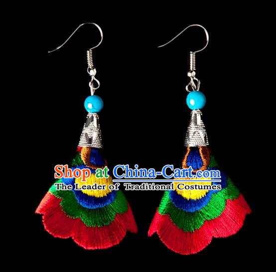 Traditional Chinese Miao Nationality Crafts, Yunnan Hmong Handmade Embroidery Flower Linen Red Earrings Pendant, China Ethnic Minority Eardrop Accessories Earbob Pendant for Women