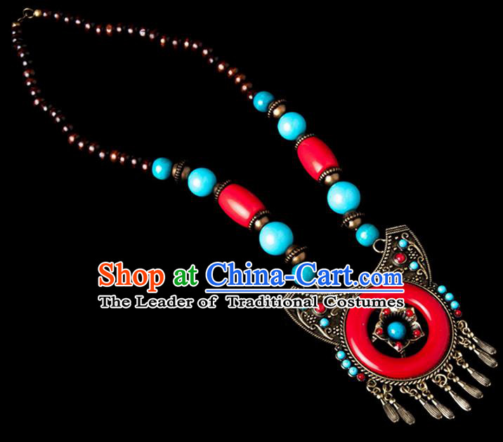 Traditional Chinese Zang Nationality Crafts, Handmade Tibet Beads Red Tassel Sweater Chain, Tibetan Ethnic Minority Necklace Accessories Pendant for Women