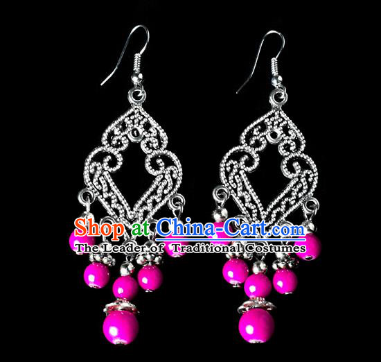 Traditional Chinese Miao Nationality Crafts, Yunnan Hmong Handmade Rose Beads Long Tassel Earrings Pendant, China Ethnic Minority Eardrop Accessories Earbob Pendant for Women